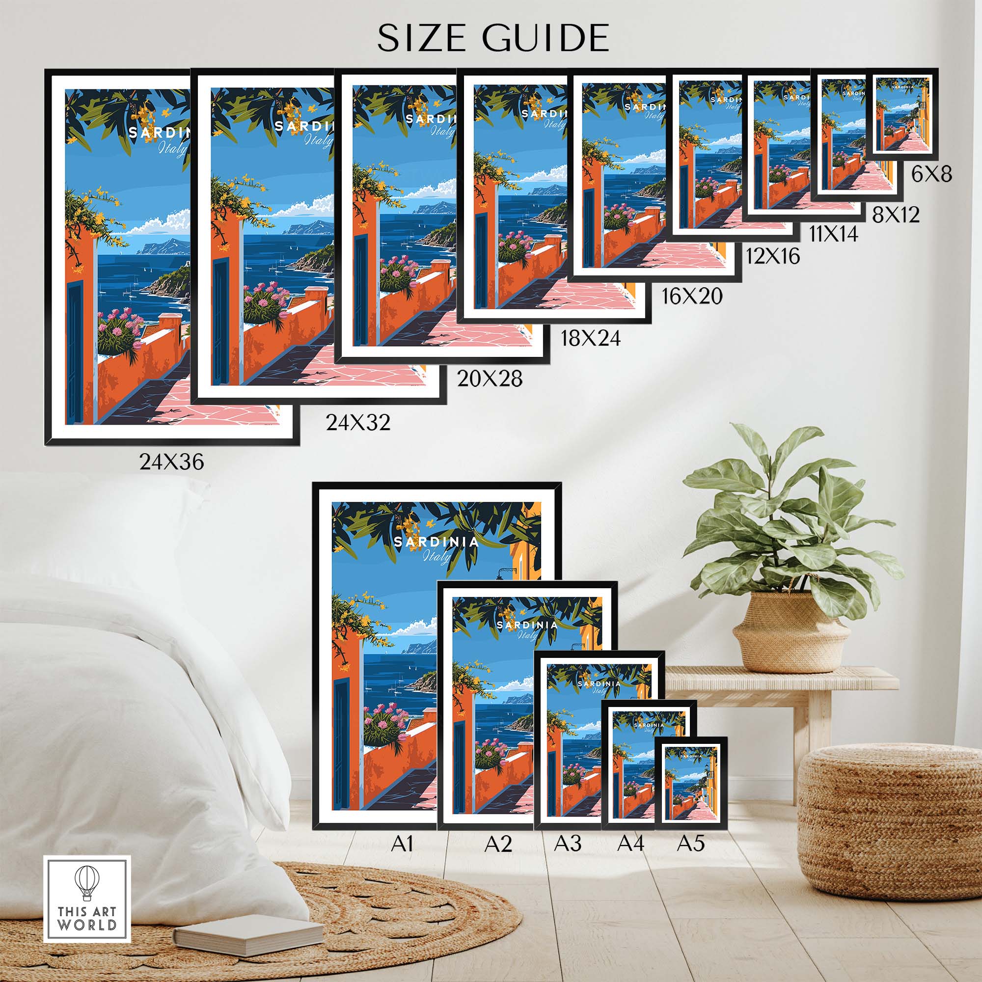 Sardinia Art Print - Coastal Landscape Wall Decor size guide showcasing various frame sizes.