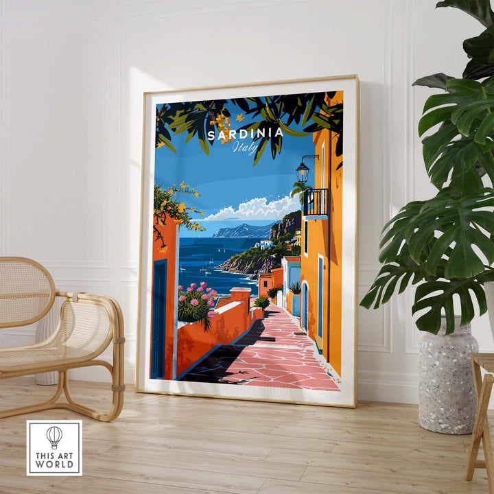 Sardinia Art Print featuring a vibrant coastal landscape displayed in a modern living room.