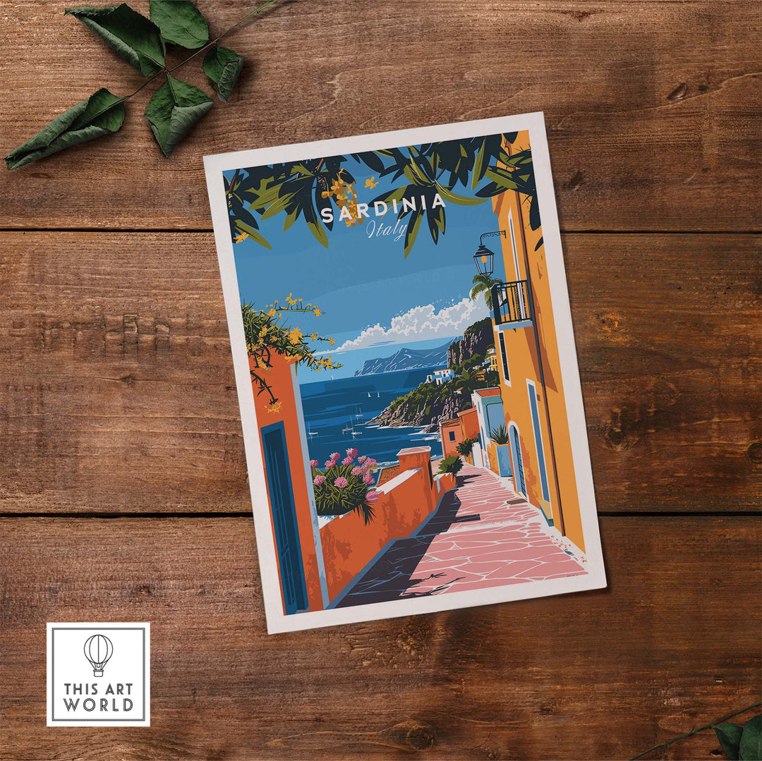 Sardinia Art Print showcasing colorful coastal village and Mediterranean Sea against rugged cliffs on rustic wooden background.