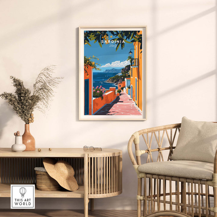 Sardinia Art Print coastal landscape wall decor in a modern living room setting