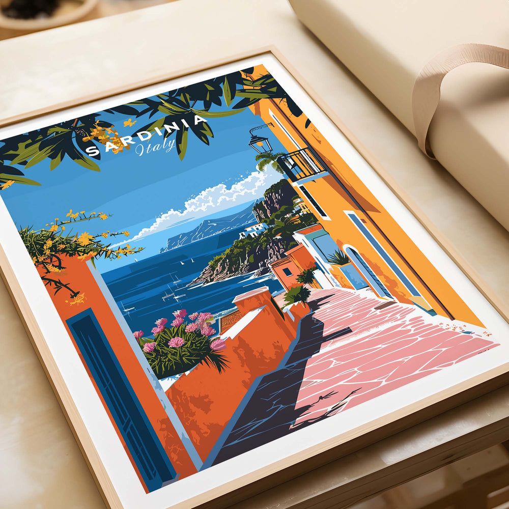 Sardinia Art Print featuring coastal village and Mediterranean Sea in vibrant colors, perfect for home or office wall decor