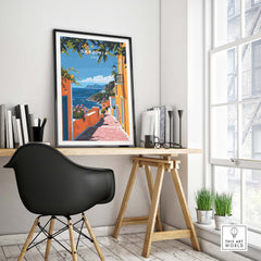 Sardinia Art Print - Coastal Landscape Wall Decor displayed in a stylish home office setting with vibrant colors.