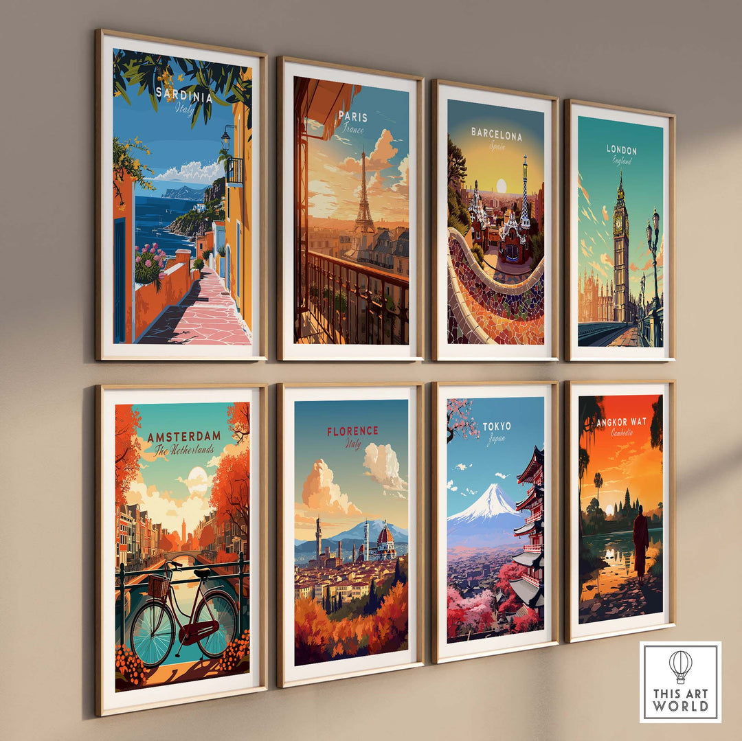 "Gallery wall with framed art prints of Sardinia, Paris, Barcelona, London, Amsterdam, Florence, Tokyo, and Angkor Wat"