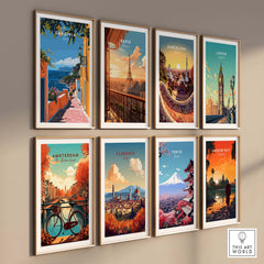 Sardinia Art Print - Coastal Landscape Wall Decor featured among various vibrant city art prints on a gallery wall.