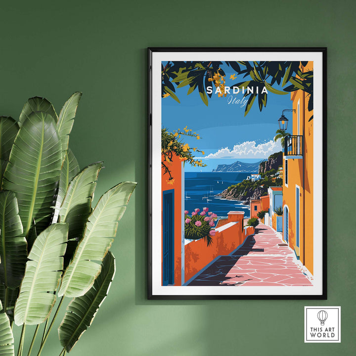Sardinia Art Print depicting a vibrant Mediterranean coastal landscape with rustic villages and rugged cliffs.