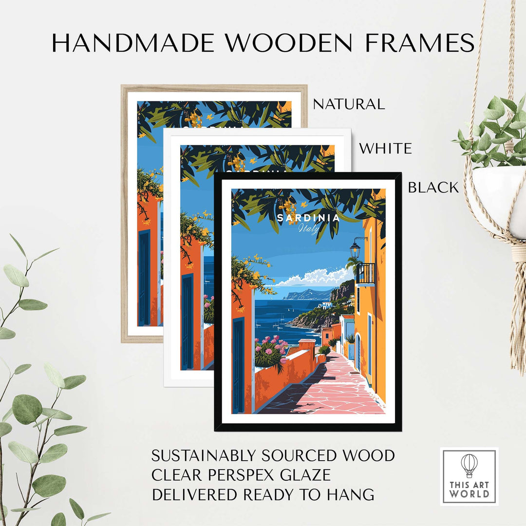 Sardinia Art Print in handmade wooden frames with natural, white, and black colors, showcasing Sardinia's coastal landscape against the Mediterranean Sea.