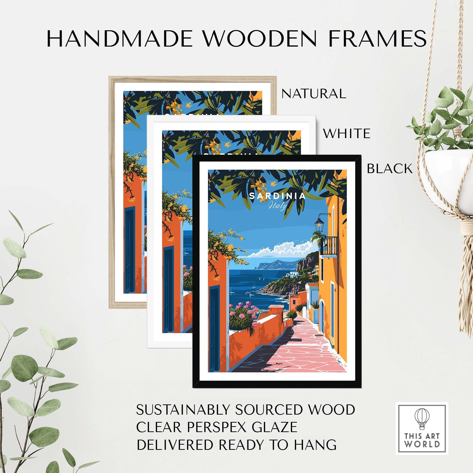 Handmade wooden frames for Sardinia Art Print - Coastal Landscape Wall Decor, available in natural, white, and black finishes.