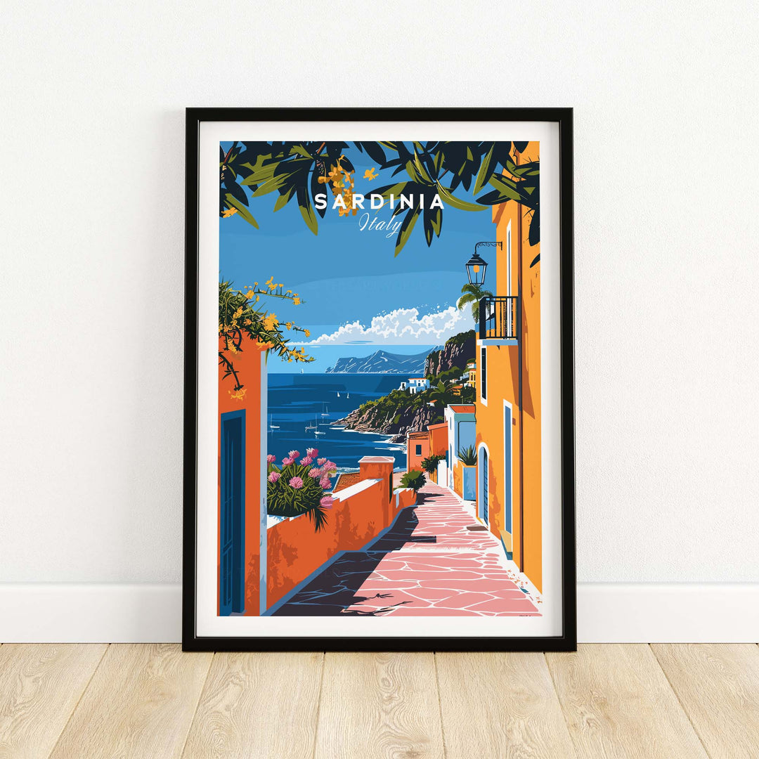 Sardinia art print featuring vibrant Mediterranean coastal landscape with colorful buildings, cliffs, and sea view.