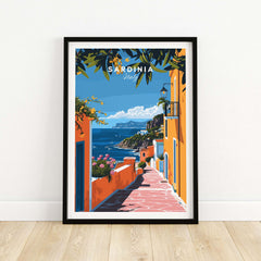 Sardinia Art Print - Coastal Landscape Wall Decor featuring a vibrant coastal scene with colorful buildings and views of the sea.