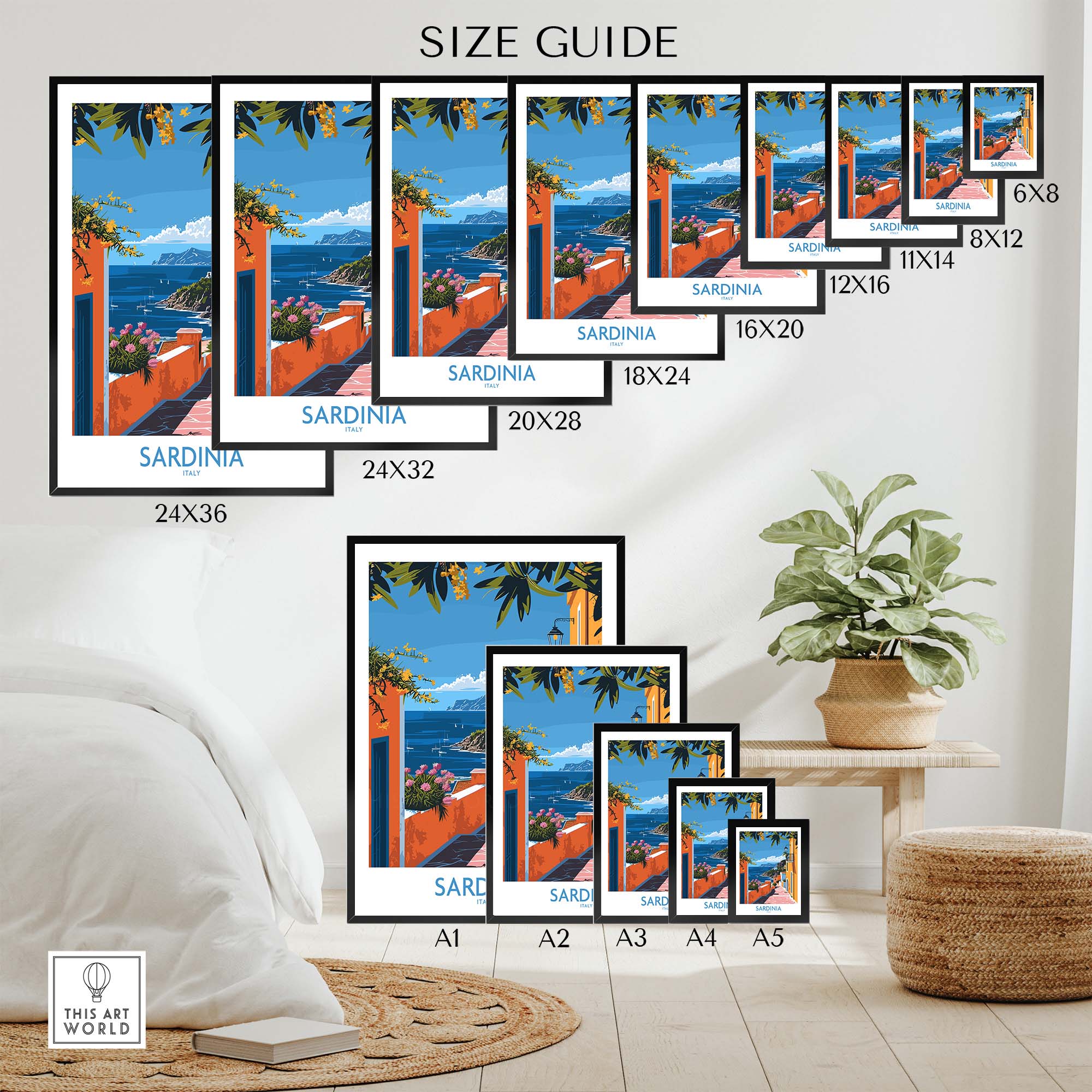 Sardinia Coastal Wall Art Print - Vibrant Detailed Mediterranean View for Home Decor Travel Lovers