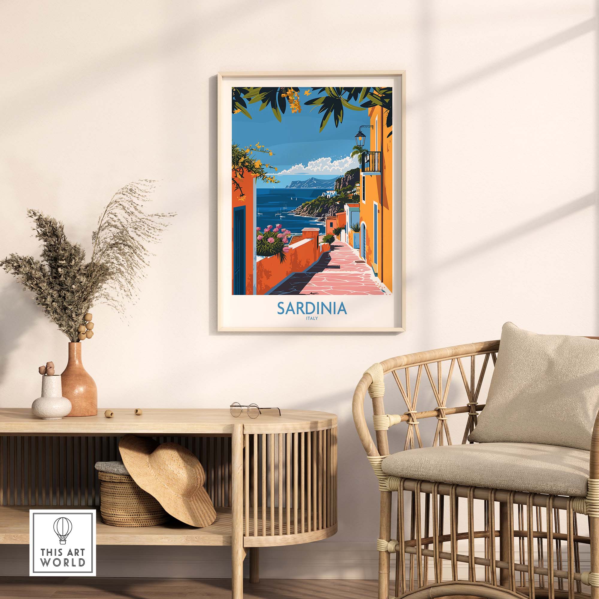 Sardinia Coastal Wall Art Print - Vibrant Detailed Mediterranean View for Home Decor Travel Lovers