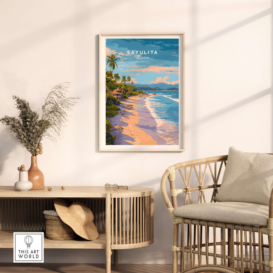 Sayulita Print | Coastal Home Wall Art displayed in a bright room with a stylish chair and coastal decor.