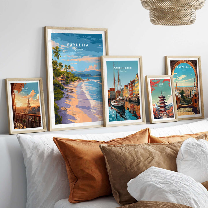 Sayulita Print | Coastal Home Wall Art displayed in framed prints on a stylish wall above a cozy couch.
