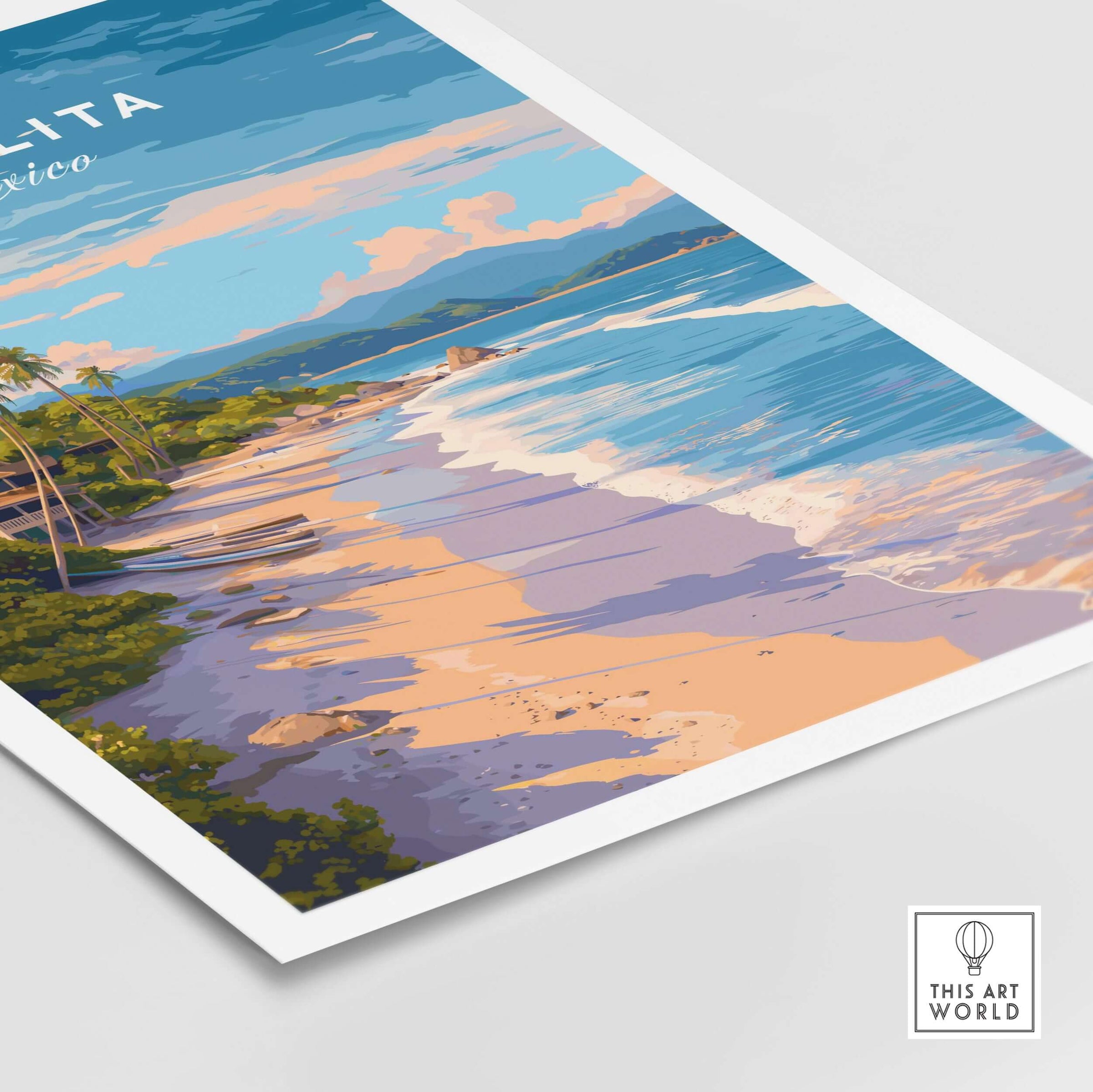 Sayulita Print | Coastal Home Wall Art showcasing a vibrant beach scene with palm trees and gentle waves.