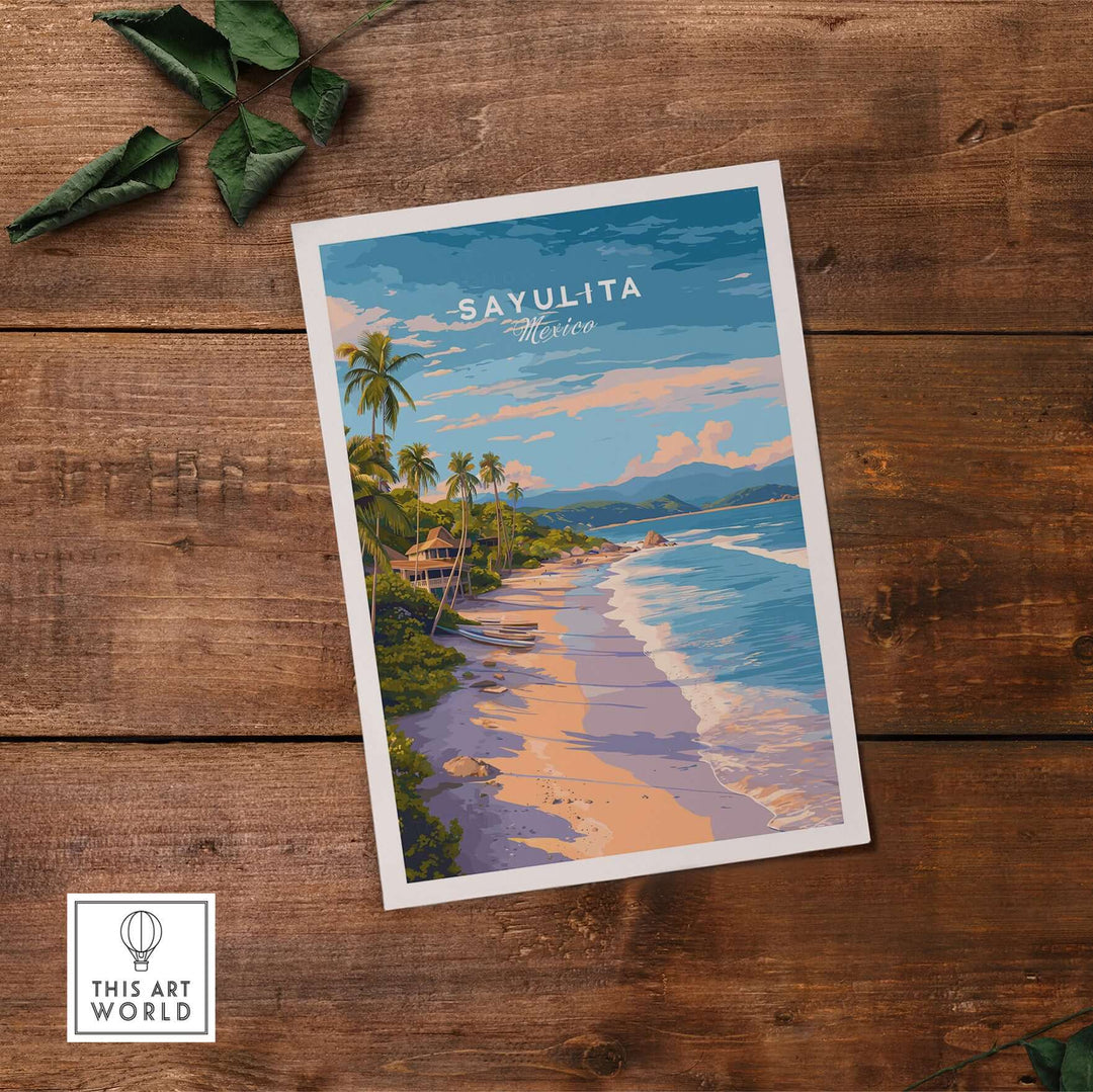 Sayulita Print | Coastal Home Wall Art depicting a vibrant beach scene with palm trees and ocean waves.
