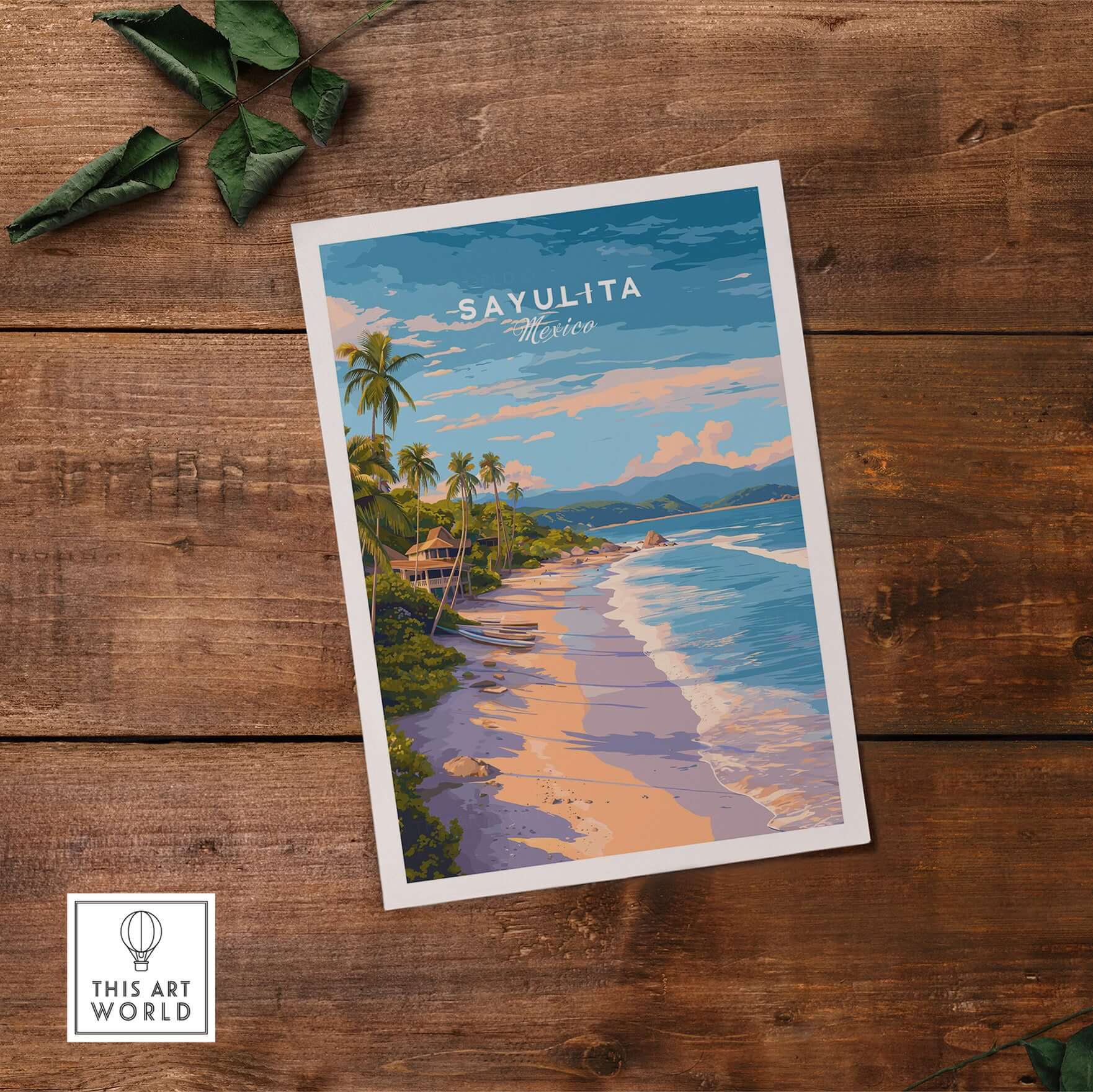 Sayulita Print | Coastal Home Wall Art showcasing a vibrant beach scene of Sayulita, Mexico on wooden background.