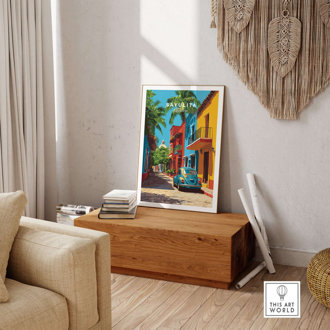 Sayulita Print | Mexican Town Wall Decor displayed in a stylish living room featuring vibrant colors and cultural charm.