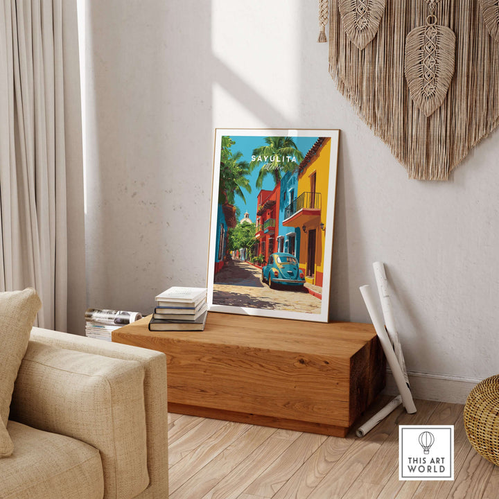 Sayulita Print | Mexican Town Wall Decor displayed in a stylish living room featuring vibrant colors and cultural charm.