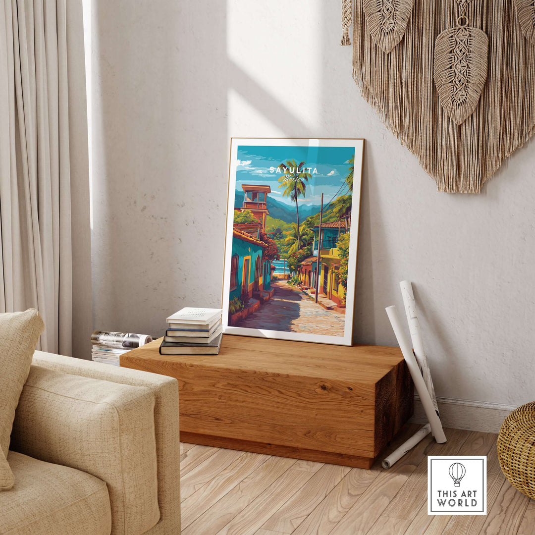 Sayulita Poster | Mexican Travel Wall Art displayed in a modern living room with a wooden bench.