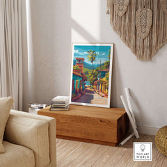 Sayulita Poster | Mexican Travel Wall Art displayed in a stylish living room, highlighting vibrant colors and coastal charm.