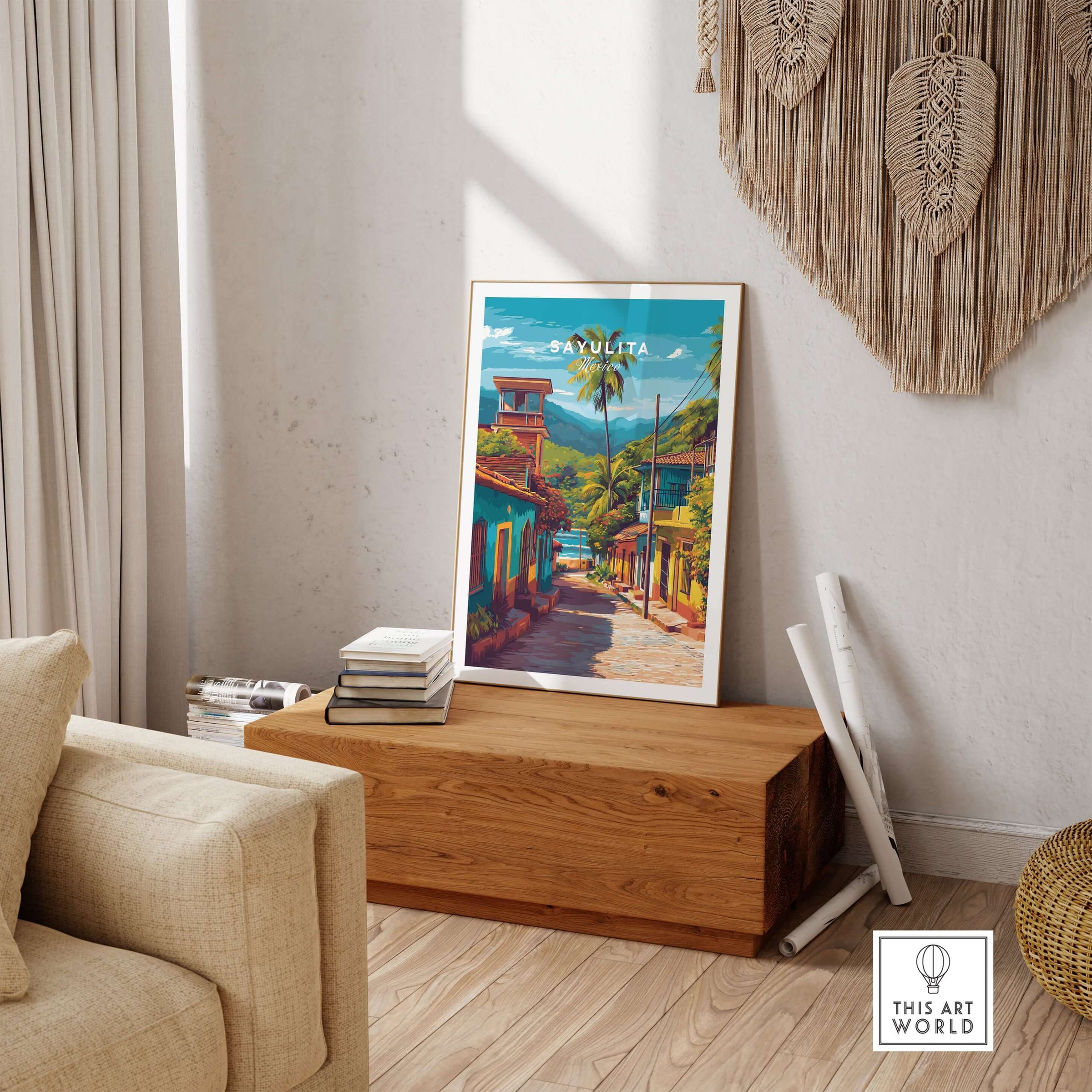 Sayulita Poster | Mexican Travel Wall Art displayed in a stylish living room, highlighting vibrant colors and coastal charm.