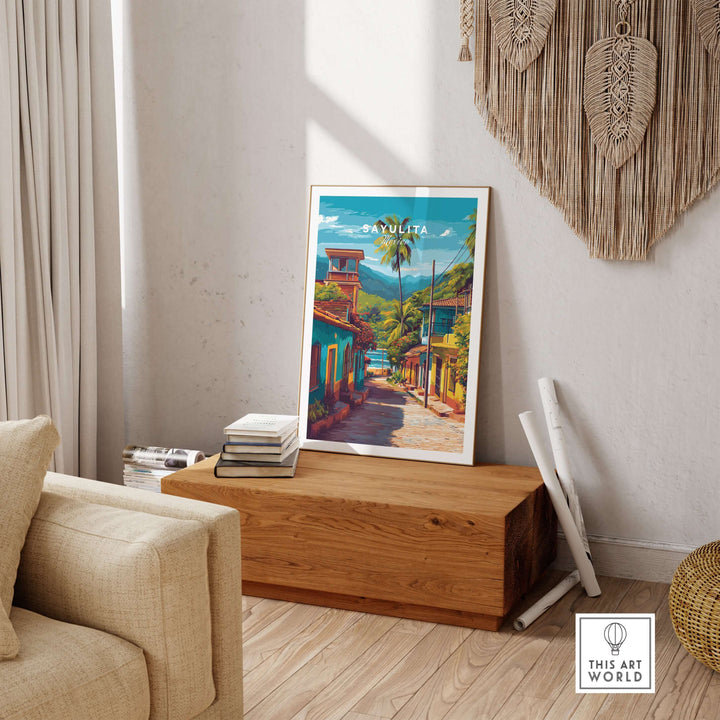 Sayulita Poster | Mexican Travel Wall Art displayed in a modern living room with a wooden bench.