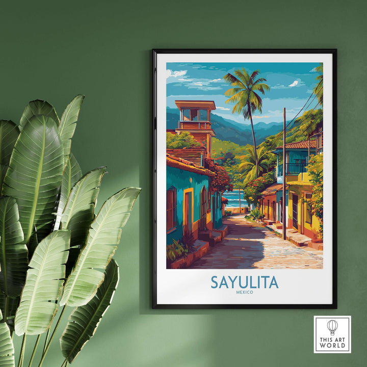 Sayulita Mexico Art Print | Vibrant Coastal Town Poster showcasing colorful streets and palm trees in a tropical setting.