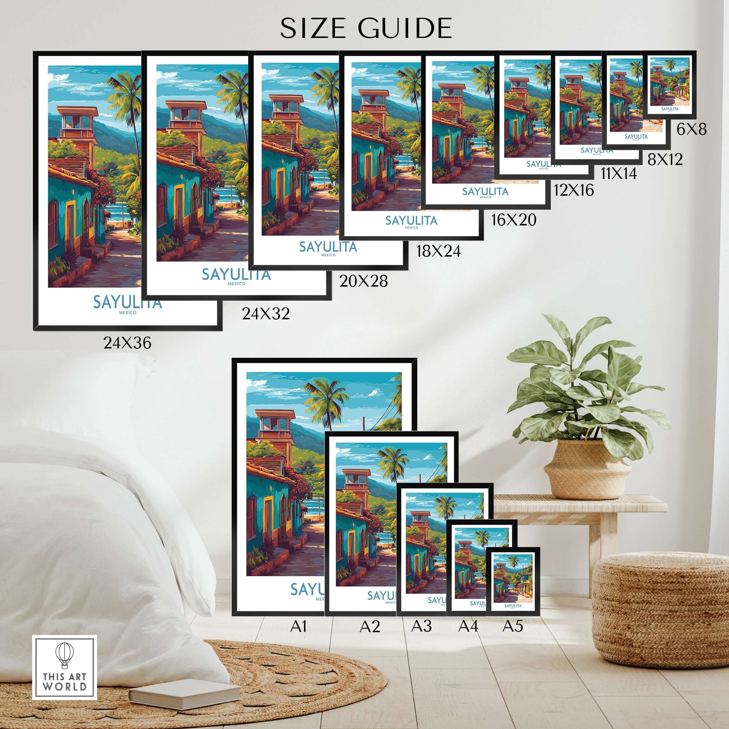 Sayulita Mexico Art Print | Vibrant Coastal Town Poster size guide showcasing various frame sizes.