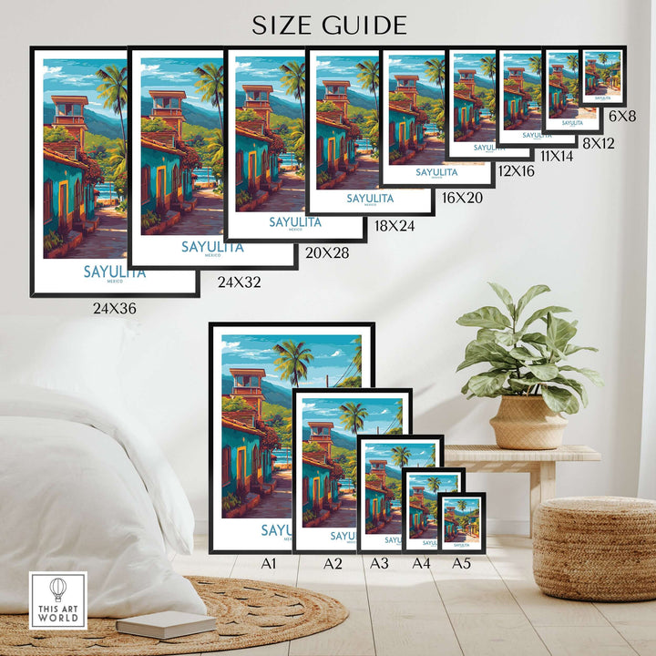 Sayulita Mexico Art Print | Vibrant Coastal Town Poster size guide showcasing frame sizes and design options.