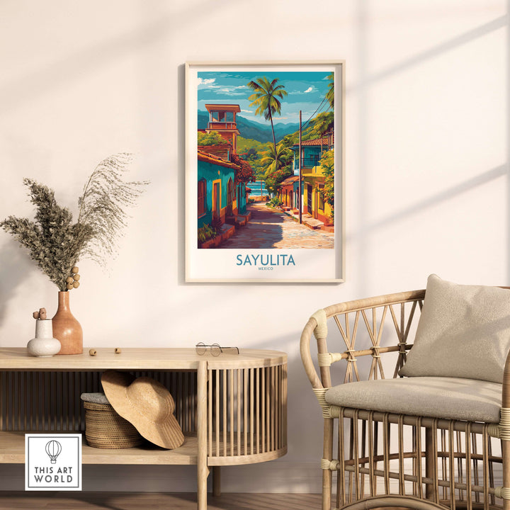 Sayulita Mexico Art Print | Vibrant Coastal Town Poster displayed in a cozy room setting with rattan furniture.