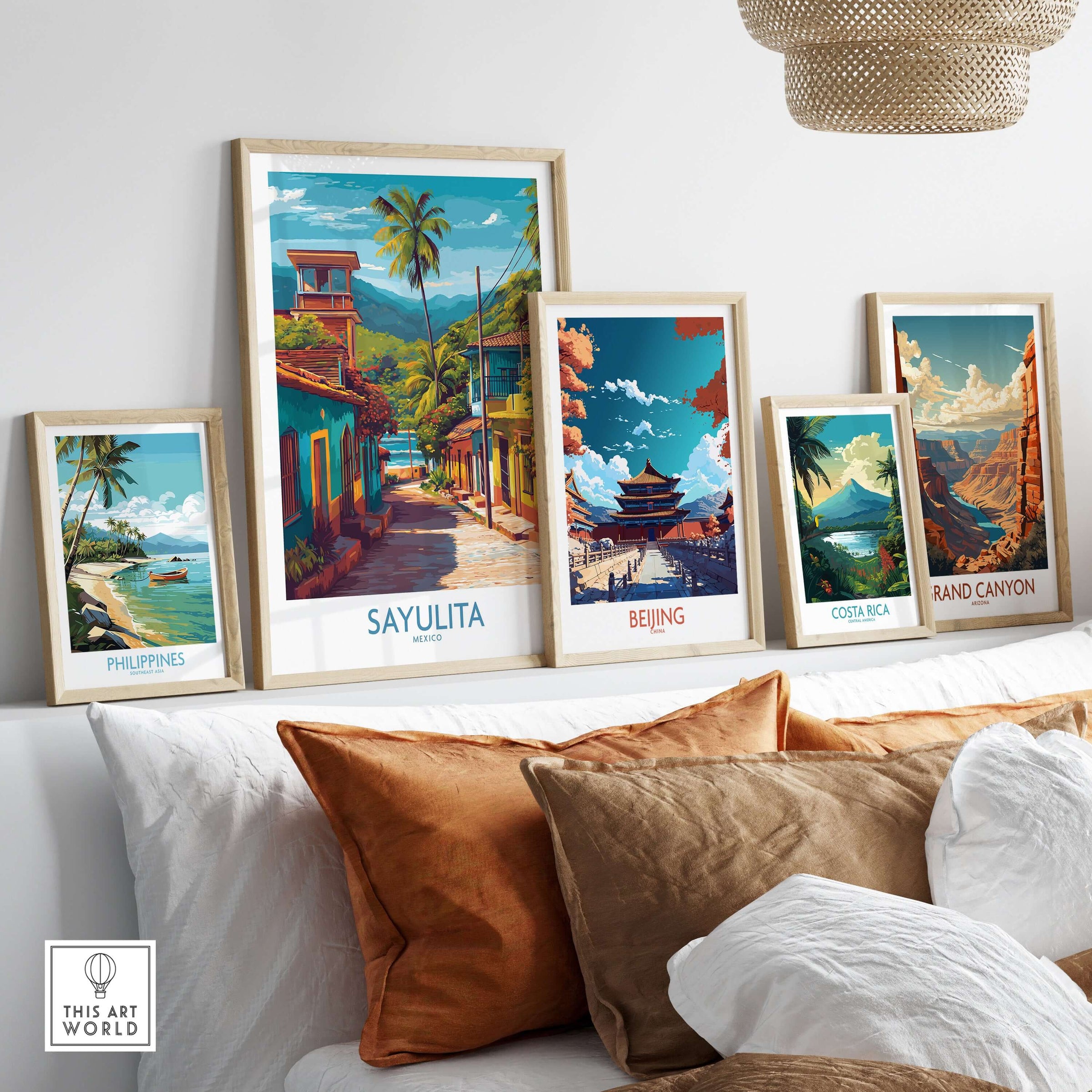 Sayulita Mexico Art Print | Vibrant Coastal Town Poster displayed among other travel art prints in a cozy living space.