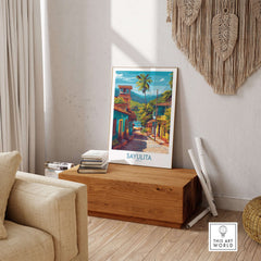 Sayulita Mexico Art Print | Vibrant Coastal Town Poster displayed in a living room setting.