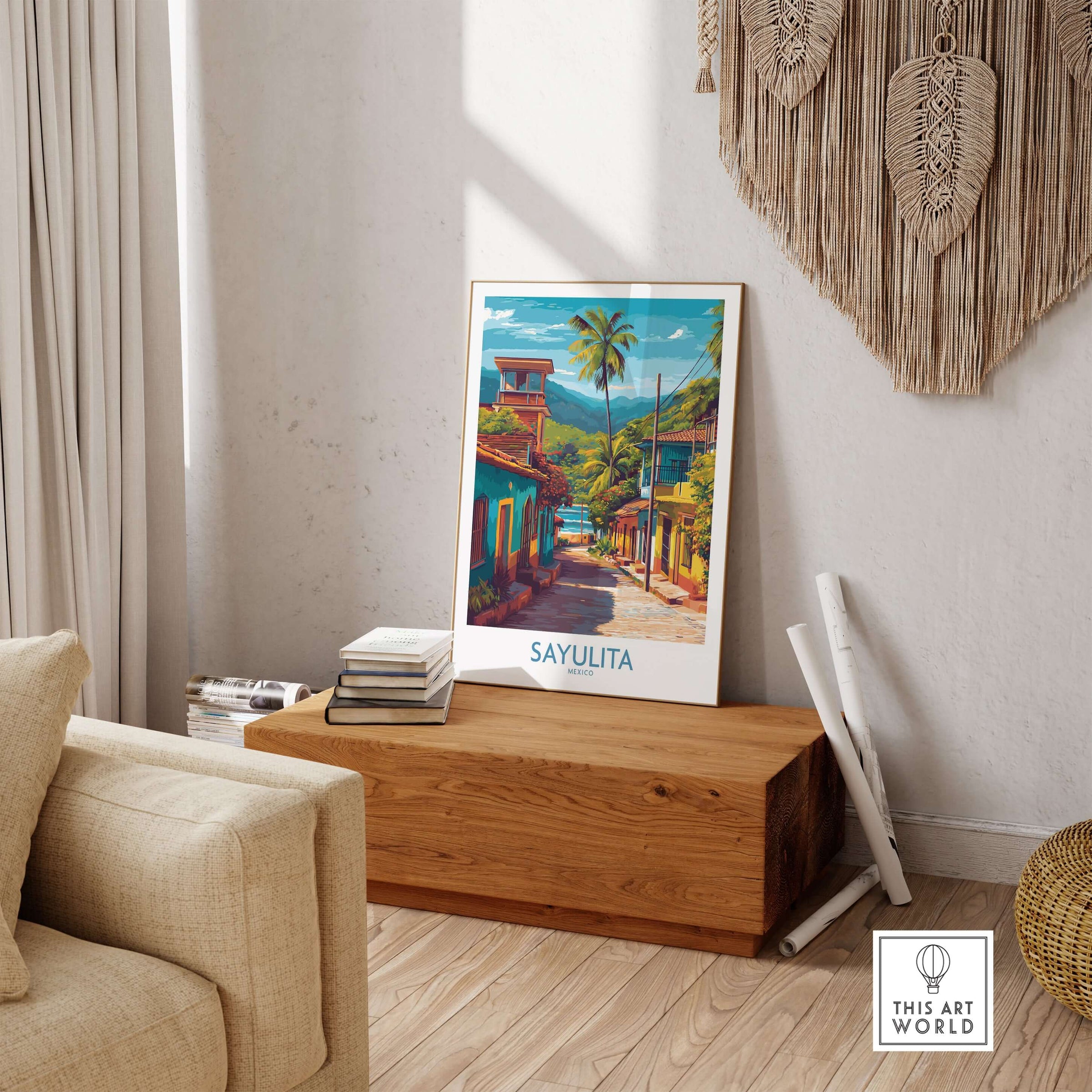 Sayulita Mexico Art Print | Vibrant Coastal Town Poster displayed in a living room setting.