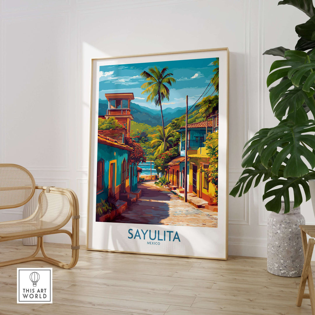 Sayulita Mexico Art Print | Vibrant Coastal Town Poster displayed in a bright room with tropical decor.