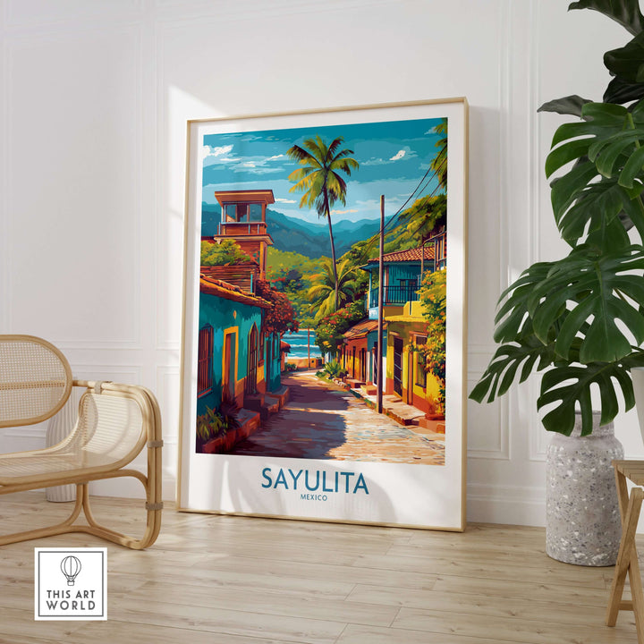 Sayulita Mexico Art Print | Vibrant Coastal Town Poster displayed in a bright room with tropical decor.