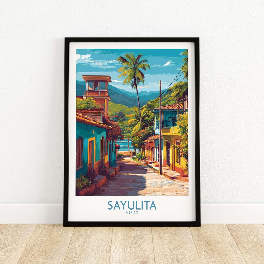 Sayulita Mexico Art Print | Vibrant Coastal Town Poster showcasing colorful streets and palm trees in a sunny, tropical setting.