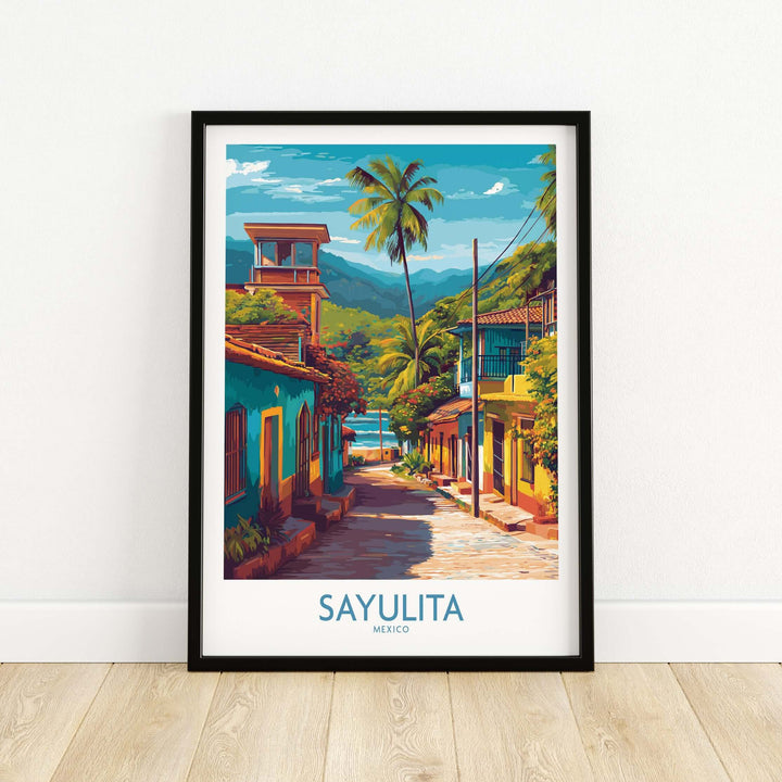 Sayulita Mexico Art Print | Vibrant Coastal Town Poster showcasing colorful streets and palm trees in a sunny, tropical setting.