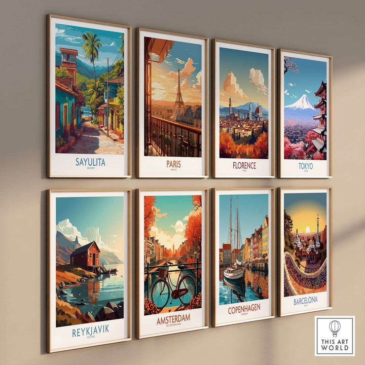 Sayulita Mexico Art Print | Vibrant Coastal Town Poster displayed among other vibrant travel art prints.