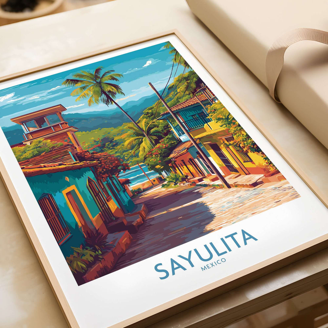 Sayulita Mexico Art Print | Vibrant Coastal Town Poster featuring colorful streets and tropical landscapes.