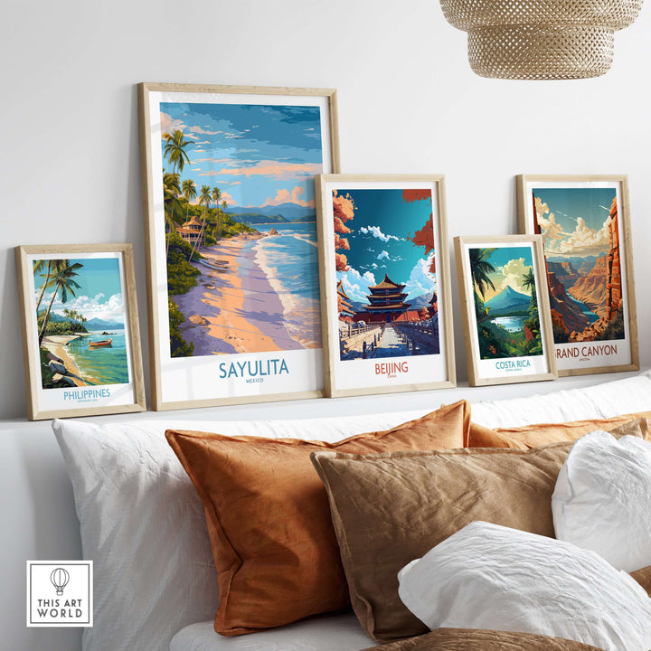 Sayulita Mexico Beach Art Print displayed among travel art prints in a stylish living room setting.