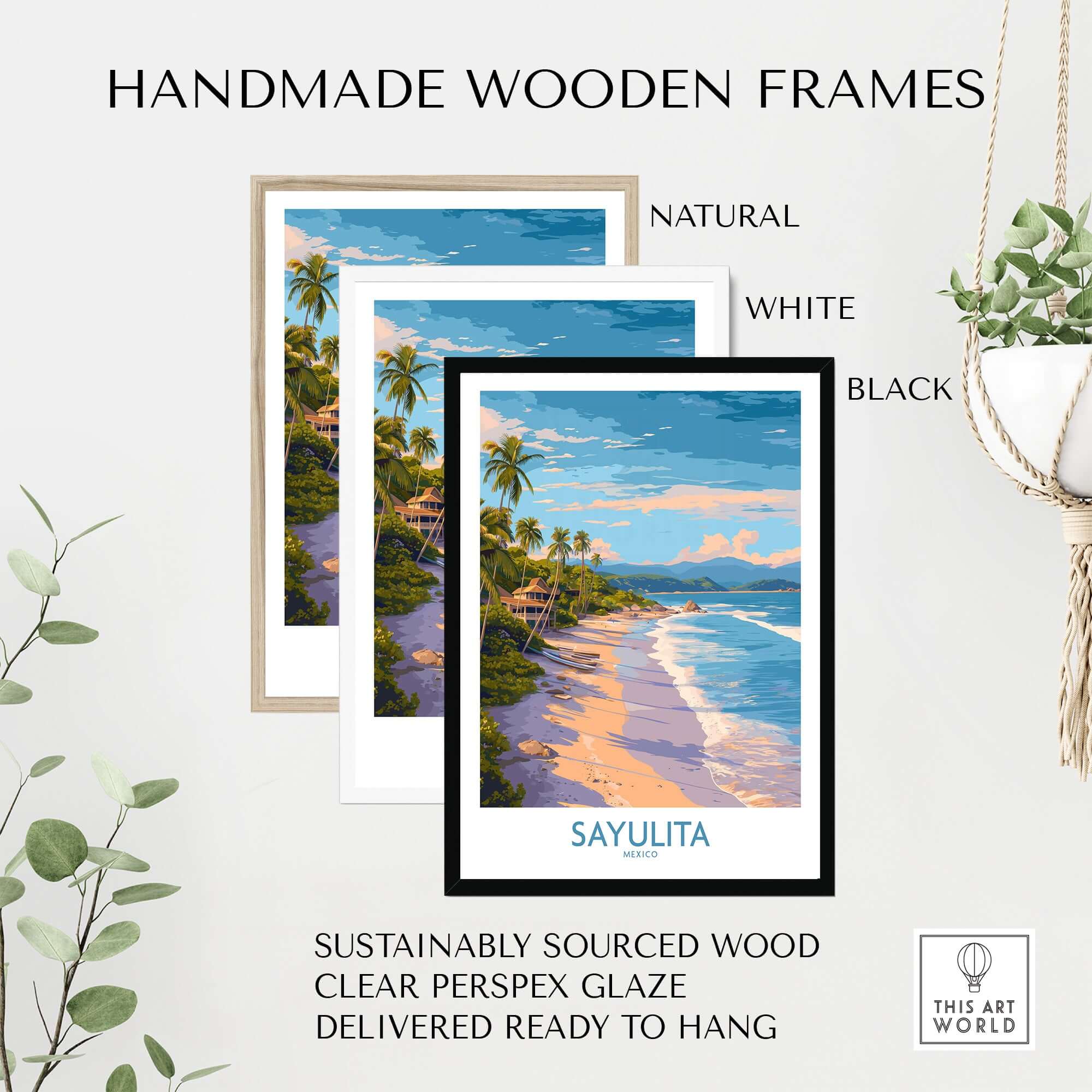 Sayulita Mexico Beach Art Print in handmade wooden frames, showcasing natural, white, and black options for wall decor.