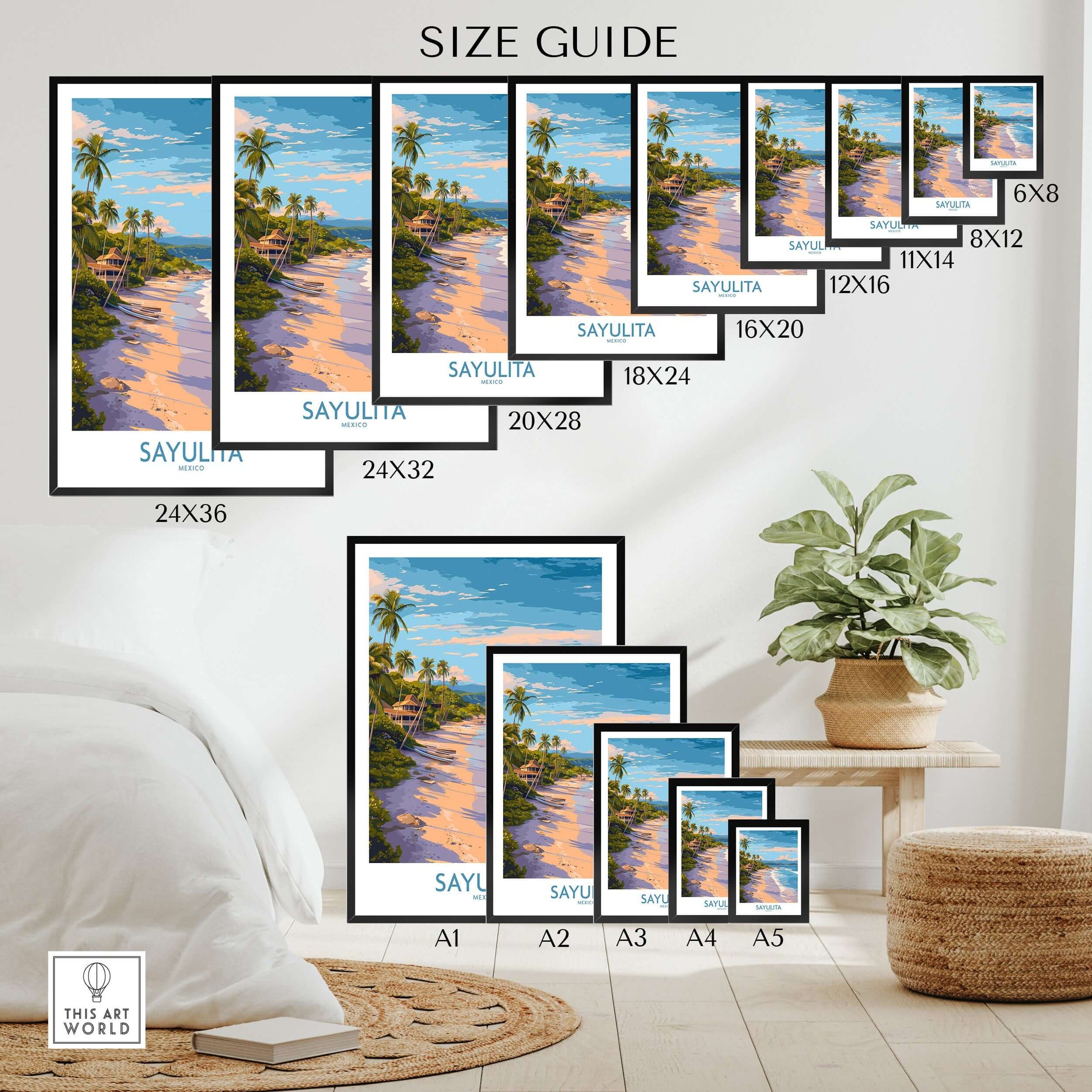 Sayulita Mexico Beach Art Print size guide showcasing various frame options and dimensions.