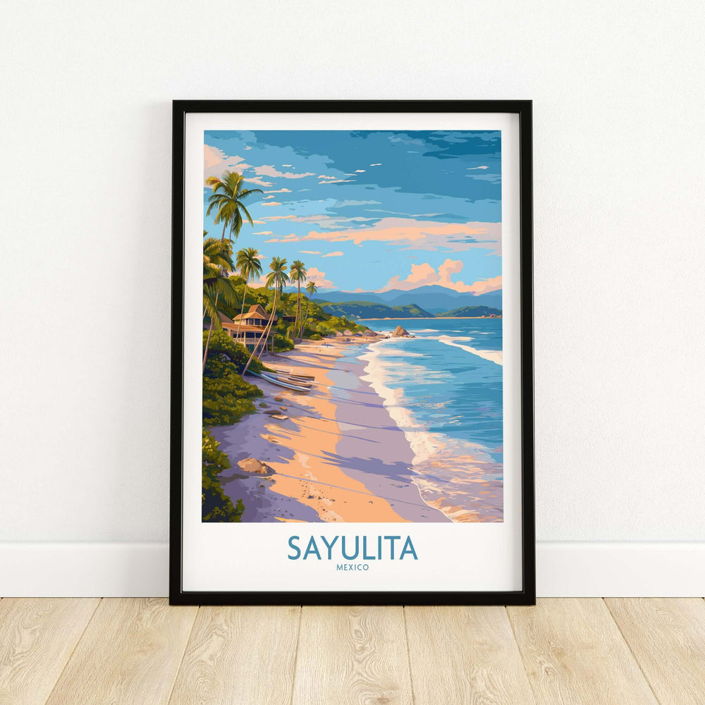 Sayulita Mexico Beach Art Print featuring a beach scene with palm trees and gentle waves in vibrant colors.