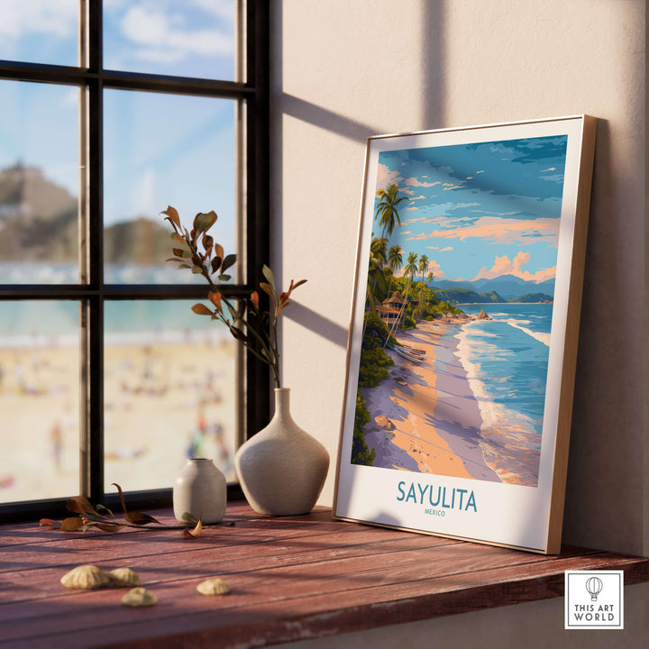 Sayulita Mexico Beach Art Print displayed inside a bright room with a view of the beach and palm trees.