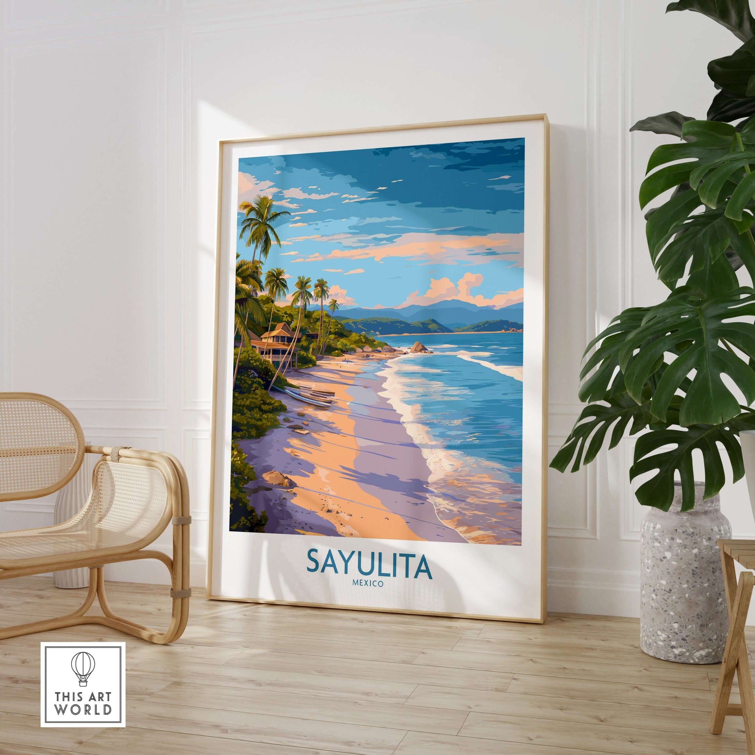 Sayulita Mexico Beach Art Print showcasing a vibrant beach scene with palm trees and gentle waves in a stylish interior setting.