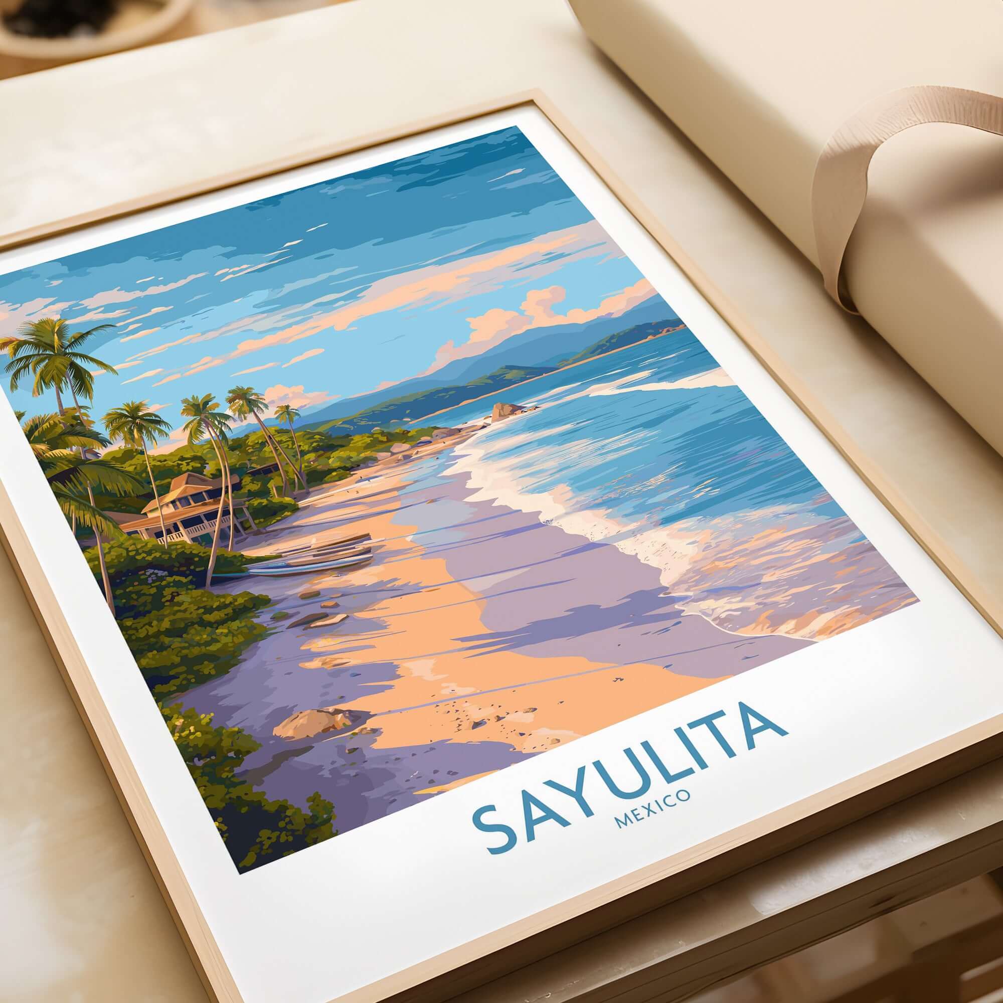 Sayulita Mexico Beach Art Print featuring vibrant beach scene with palm trees and waves.