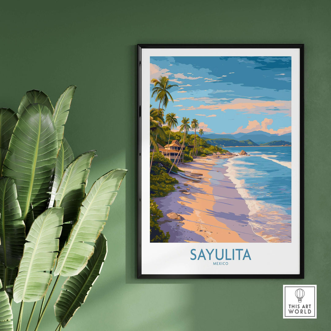 Sayulita Mexico Beach Art Print showcasing the picturesque beach with palms, golden sands, and tranquil ocean waves.