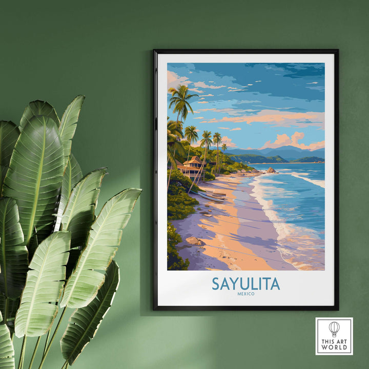 Sayulita Mexico Beach Art Print showcasing the picturesque beach with palms, golden sands, and tranquil ocean waves.