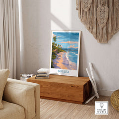 Sayulita Mexico Beach Art Print displayed in a cozy room with wooden decor and tropical visuals.