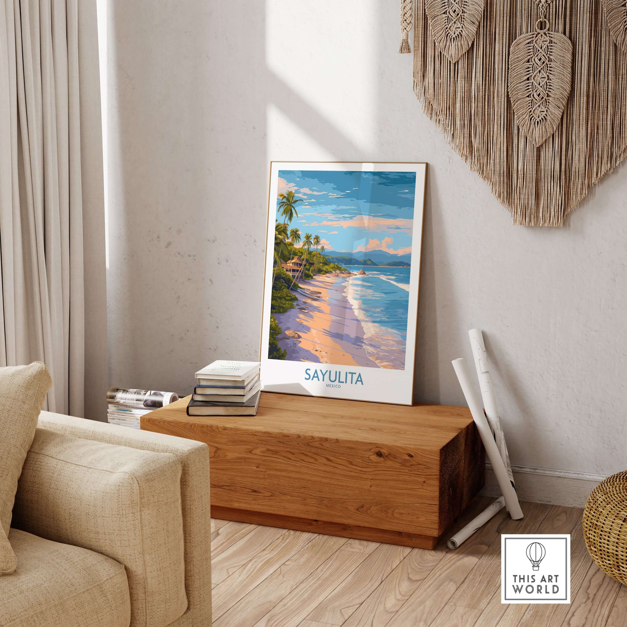 Sayulita Mexico Beach Art Print displayed in a cozy room with wooden decor and tropical visuals.